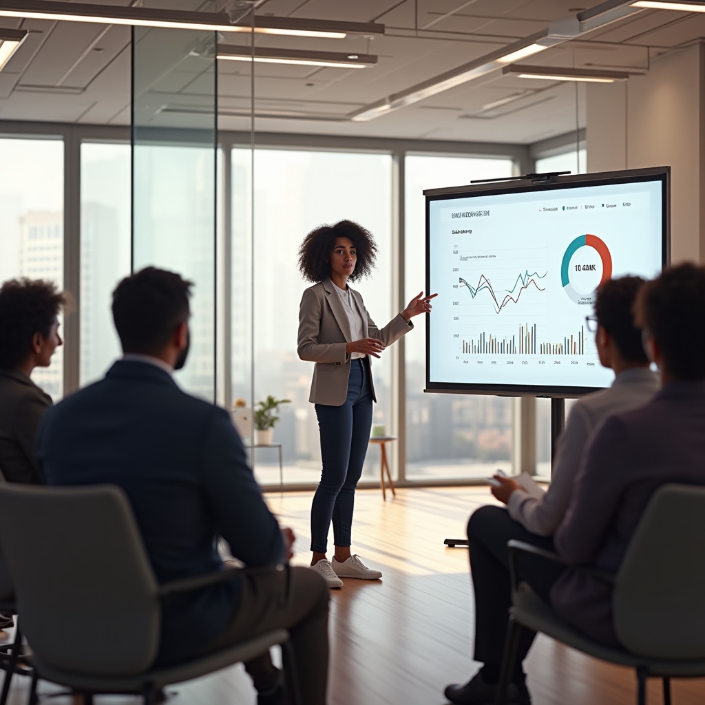 Gruppo di professionisti tecnici durante una sessione di lavoro su una presentazione, con slide proiettate su schermo
