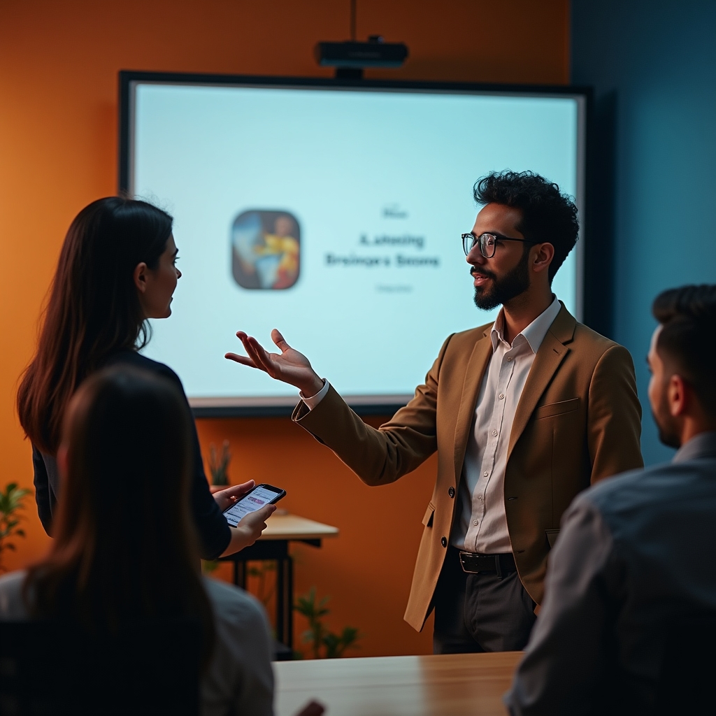 Formatore che osserva un professionista tecnico durante una simulazione di presentazione