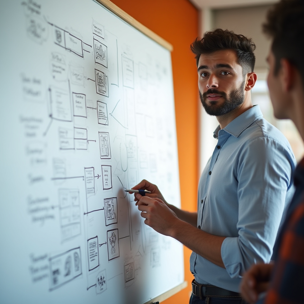 Schema disegnato a mano su lavagna che mostra la struttura narrativa di dieci slide